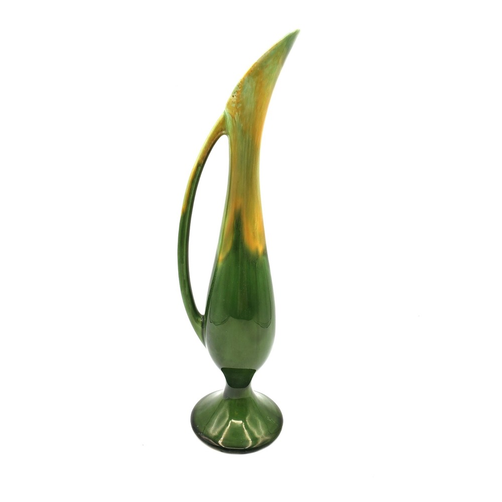 Vintage Haeger 13" Green & Yellow Slender Handled Vase